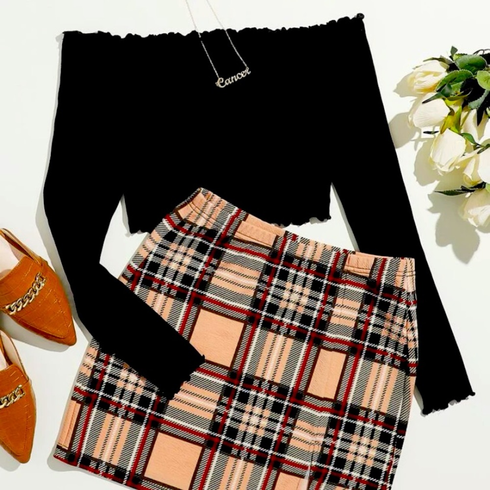 Crop Bardot Top & Plaid Skirt